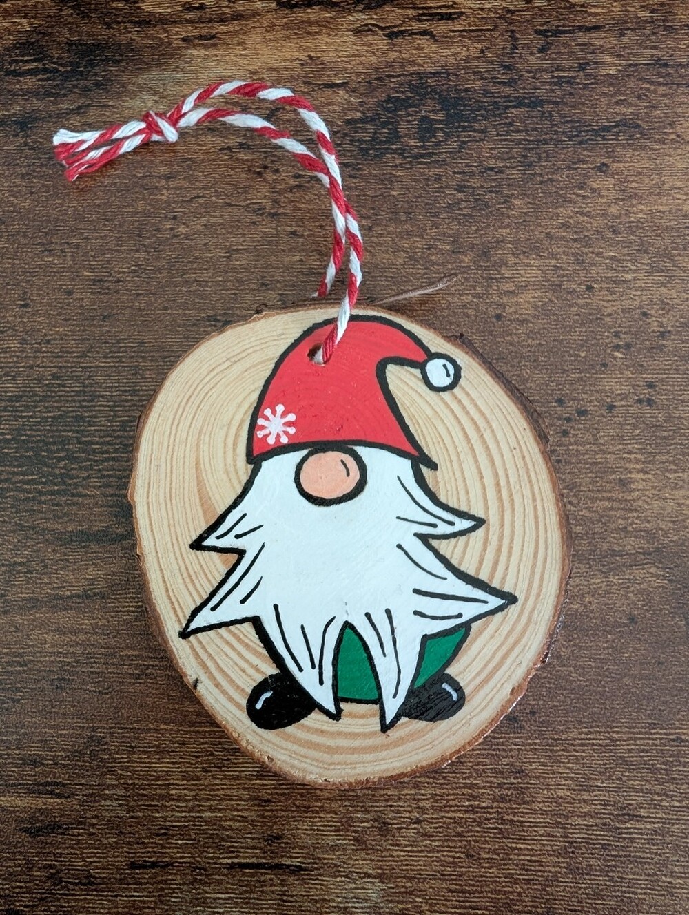 Hand Crafted Christmas Ornament Gnome Wood Slice Hand Painted